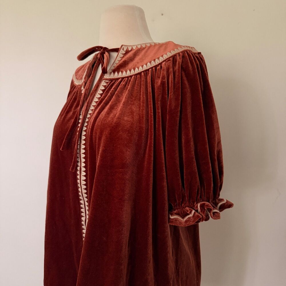 THML Rust Orange Velvet Embroidered Split Neck Tassel Peasant Blouse Top Sz S - Picture 9 of 9